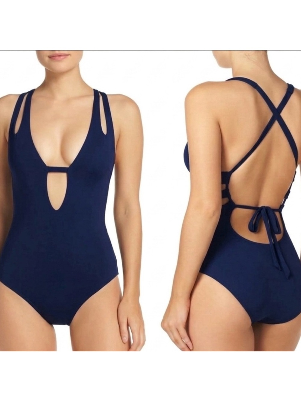 BECCA ribbed Navy Cutout One-Piece Swimsuit